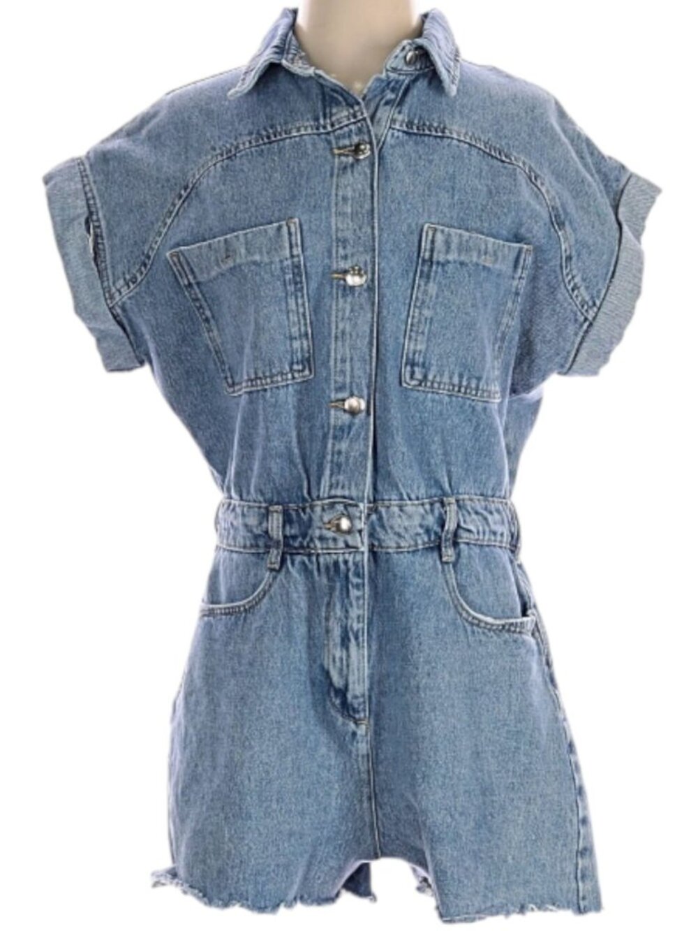 Zara Short Rolled Sleeve Raw Hem Denim Romper Women's Small Medium Wash
